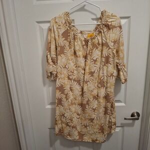 Ruby Rd Womens XL Linen Blend Tropical Palm Leaf Ruffle Sleeve Blouse Tan Tunic
